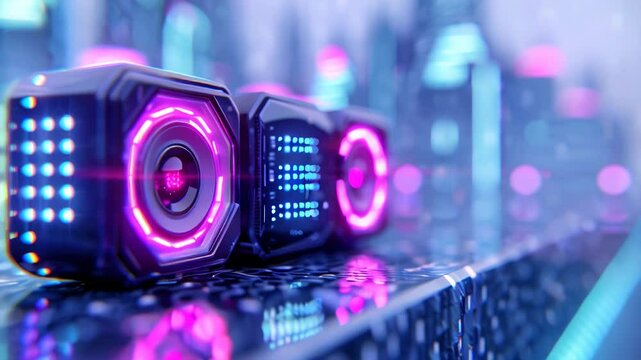 A bunch of speakers floating in the air, a cyberpunk cityscape in the background, with a purple and blue color theme, in the style of anime and cartoons