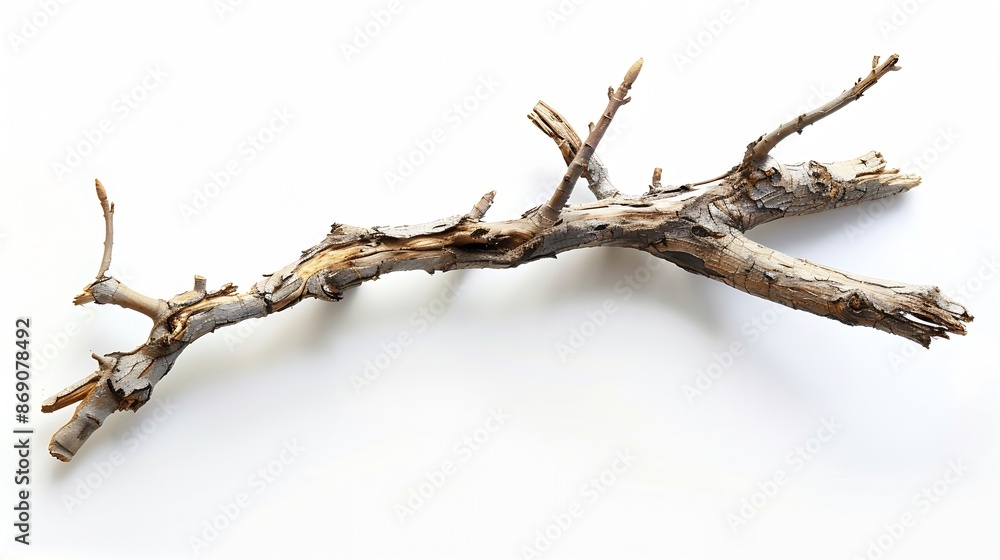 Poster dry tree twig and branch with knots isolated white background dry brushwood stick tree pieces of bro