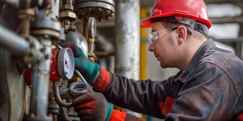 An engineer is adjusting a control valve in an industrial environment, with various pipes and gauges present, ensuring optimal operation and safety within the system