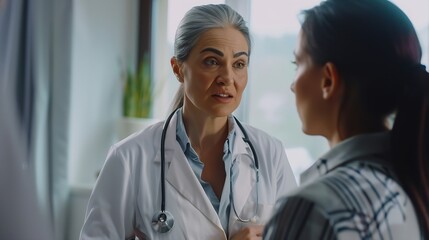 Fototapeta premium Attractive young female doctor consulting with a patient inside her office at a hospital Close up of a senior woman having a doctors appointment A female doctor standing next to female : Generative AI