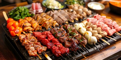 Obraz premium A variety of grilled meats and vegetables on a grill