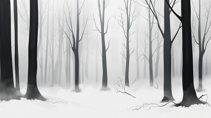 Fototapeta premium Winter snow forest nature landscape. Cold white season trees. Snowy outdoors scene in woods. Frost weather fog morning branch. Scenic park background day light mist. Environment