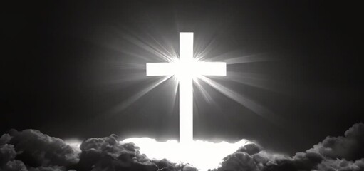Black background with white glowing cross in the center, surrounded by clouds and light rays