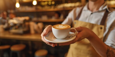 A barista presents a beautifully crafted coffee cup with latte art atop, within the warm and inviting environment of a cozy café, emanating a hospitable atmosphere.