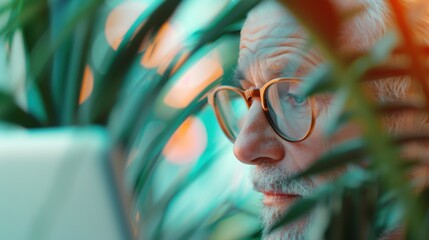 A senior couple enjoying a cup of coffee while reviewing their financial portfolio on a tablet in a comfortable cafe setting, featuring open space for financial concepts.
