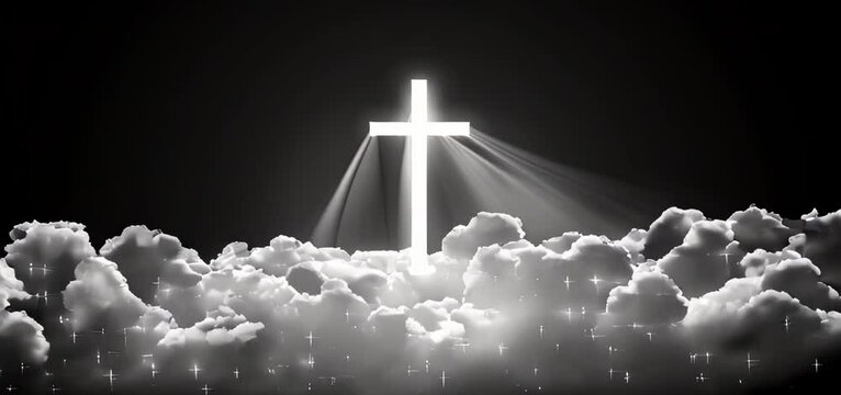 Black background with white glowing cross in the center, surrounded by clouds and light rays