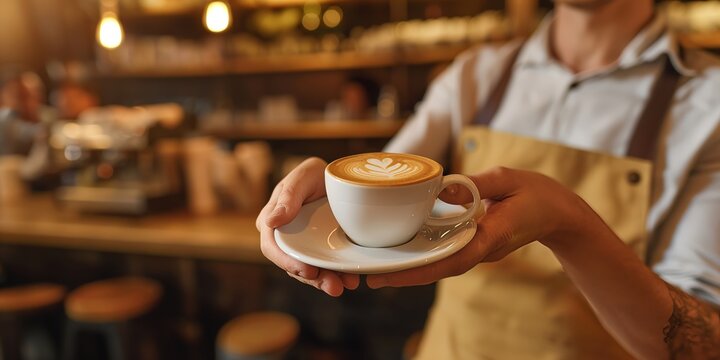 A barista presents a beautifully crafted coffee cup with latte art atop, within the warm and inviting environment of a cozy café, emanating a hospitable atmosphere.