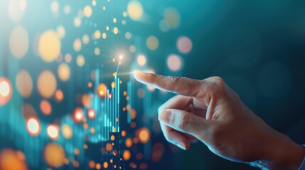 A close-up of a financial advisor's hand pointing to a growth chart on a digital screen, illustrating financial concepts related to growth and performance metrics. The image includes copy space for