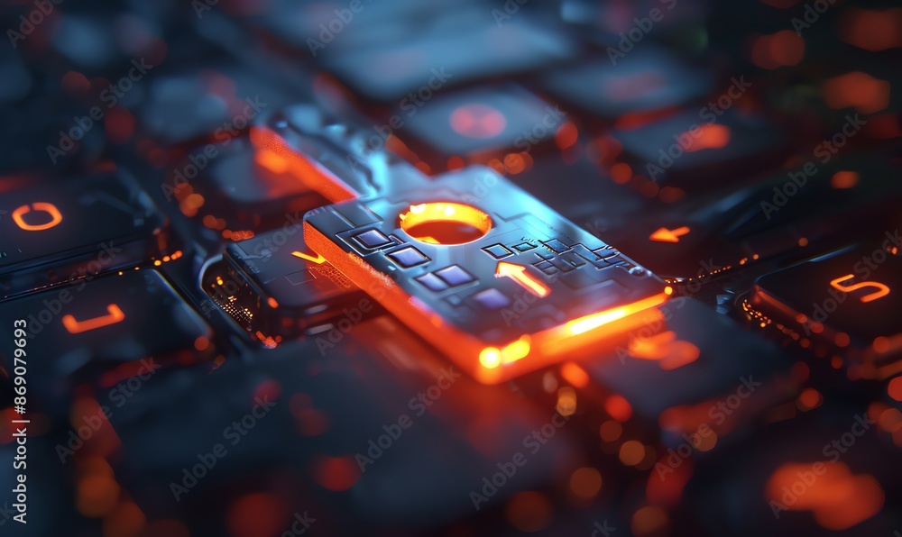 Poster cyber key on a glowing keyboard