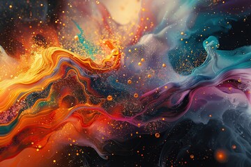 Abstract Colorful Fluid Art with Vibrant Swirls and Dynamic Patterns in a Cosmic Background