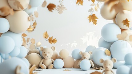 Arch with bears on background balloons Photowall decoration space or place with beige brown blue balloons Celebration baptism concept Birthday party for boy Trendy autumn decor with dr : Generative AI