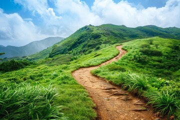Obraz premium A dirt path winds through a vibrant green hillside, surrounded by lush vegetation and nature, A winding hiking trail leading through a lush green valley