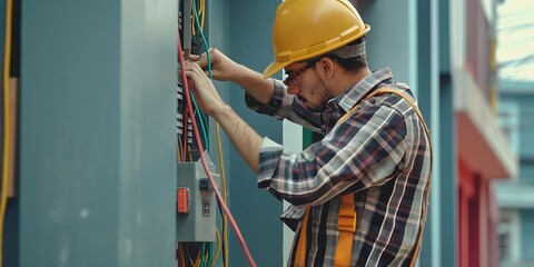 An electrician with protective gear and safety harness works on an outdoor electrical circuit, ensuring proper connection and functioning of utility infrastructure.