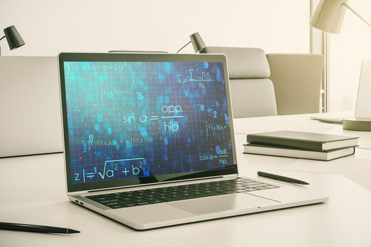 Creative scientific formula concept on modern laptop screen. 3D Rendering