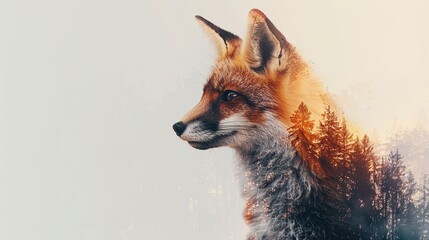 Double Exposure of a Fox and Forest at Sunset Creating a Surreal and Artistic Wildlife Scene