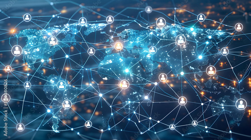 Poster global business structure of networking, illustrate the concept of a global business network with vi
