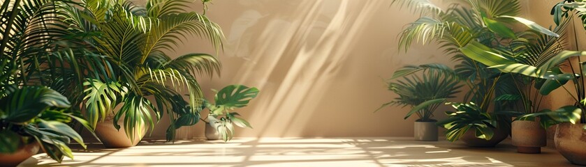 Obraz premium Sunlit Indoor Garden with Lush Green Potted Plants and Natural Light