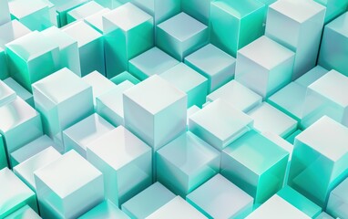 Fototapeta premium White and jade 3D cubes, isometric view, high gloss, modern and futuristic look, perfect for dynamic backgrounds, Modern, Bright white and jade, 3D rendering
