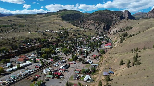 Aerial View of Creede Town in Landscape of Colorado and San Juan Mountains, Drone Shot