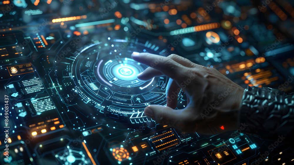 Poster hand touch digital hud interface futuristic technology background of virtual computer screen display