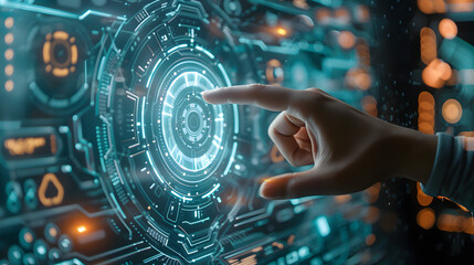 Hand touch digital hud interface futuristic technology background of virtual computer screen display ui future concept or cyber communication hologram and innovation internet system