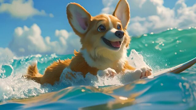 An animated corgi puppy surfing on the sea with a happy face in the style of cartoon style in a hyper realistic style, pretty and lovely puppy, big eyes