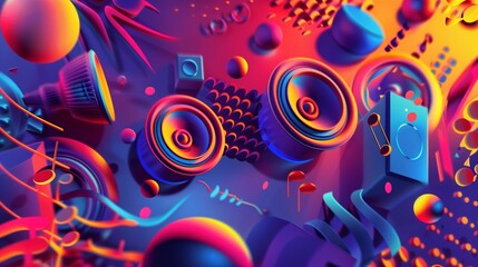 Obraz premium A vibrant 3D music-themed background with dynamic shapes and pulsating sound waves, creating immersion.
