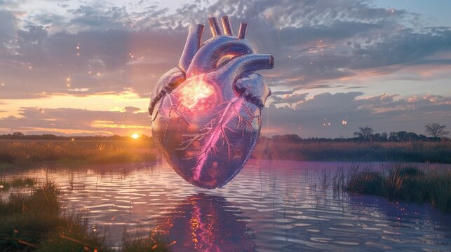 Pulsing Holographic Heart Hovers Over Serene Sunset Lake with Crystalline Reflections - Powered by Adobe