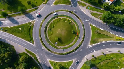 Intersection highway junction crossroad overview top down aerial Infrastructure road and motor way driving busy street roundabout Asphalt transportation from above : Generative AI