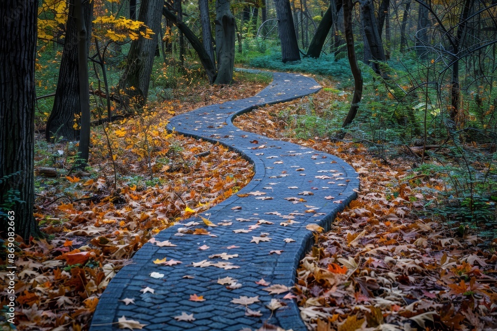 Poster a path winding through a forest with fallen leaves covering the ground, a winding path through a for
