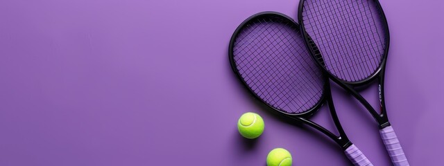  Two tennis racquets and three tennis balls against a purple backdrop Text here ..or, if you prefer to include the word background explicitly