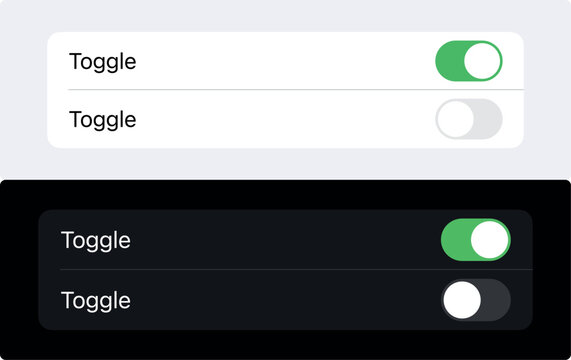 On Off toggle switch button settings Screen. Mobile wireframe design for phone, app, website user interface graphic for ux and ui. Dark mode switch slider in modern toggle, green and grey smartphone