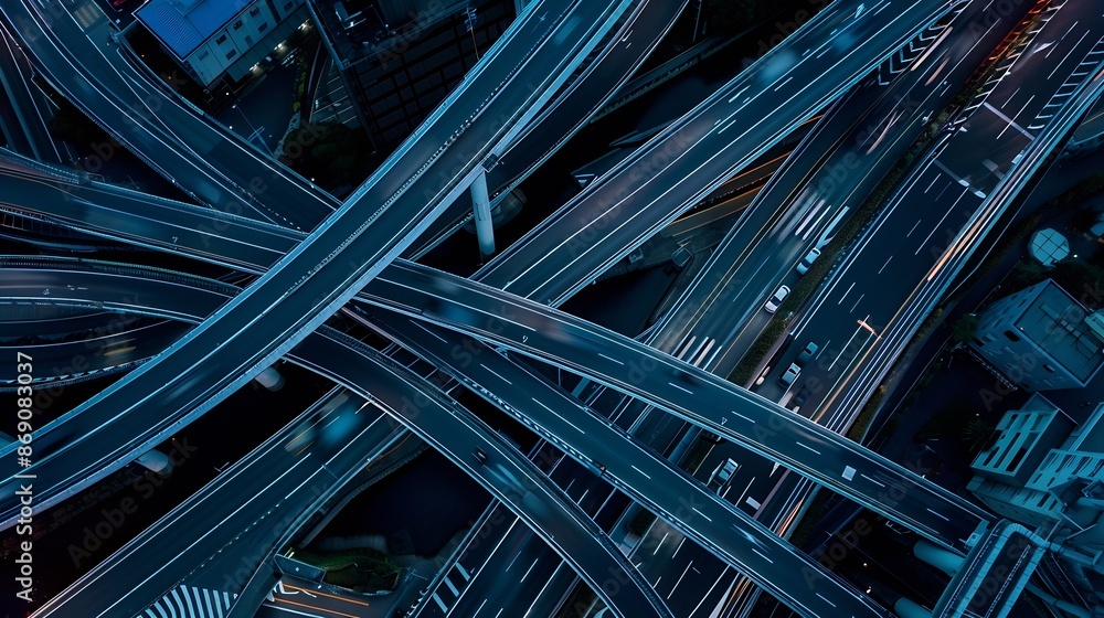 Poster top view and curvy of highway overpass with beautiful city background night scene : generative ai