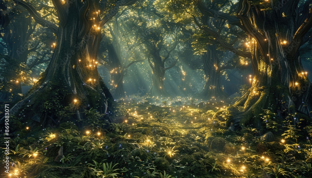 Poster enjoy a breathtaking view of a magical forest with tall trees and early light seeping through the br