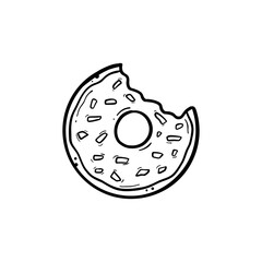 bitten donuts with glaze and nut sprinkles topping top view hand drawn doodle line art illustration vector black line on white background