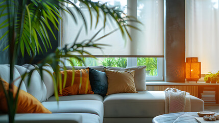 Interior roller blinds are installed in the living room, featuring white colored roller shades on the windows. Within the same room, there are also a houseplant and a sofa present