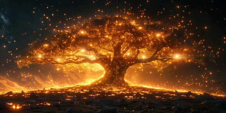 mysterious devine holy tree stand in dark night