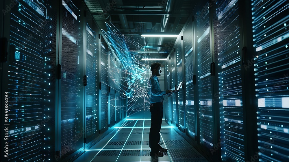 Poster Futuristic Concept Data Center Chief Technology Officer Holding Laptop Standing In Warehouse Information Digitalization Lines Streaming Through Servers SAAS Cloud Computing Online Serv : Generative AI