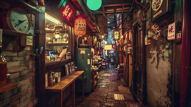 Jiufen Old Street is a narrow winding alleyway with shops teahouses and restaurants that offers tourists a view of traditional Taiwanese lifeLetters With Means Tea shop : Generative AI