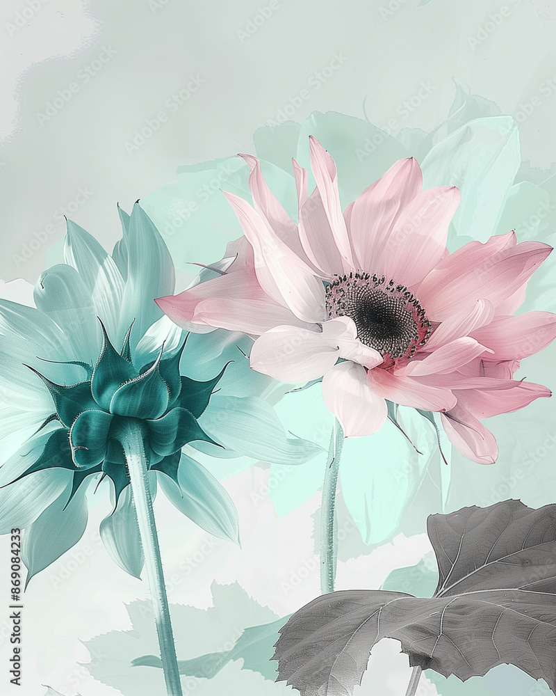 Poster Illustration of pink flower on blue