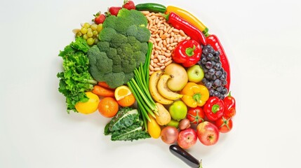 Artistic brain shape made with fruits and vegetables, isolated on a white background, promoting healthy habits.