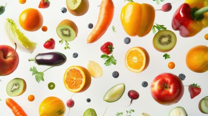 Assorted fresh fruits and vegetables floating gracefully in the air, isolated on white, showcasing natural diversity.