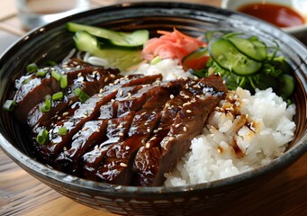 Teriyaki Beef Bowl With Rice And Cucumber