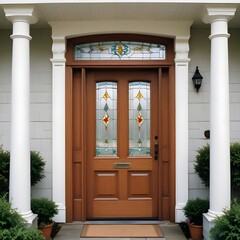 Close up wooden front door 
