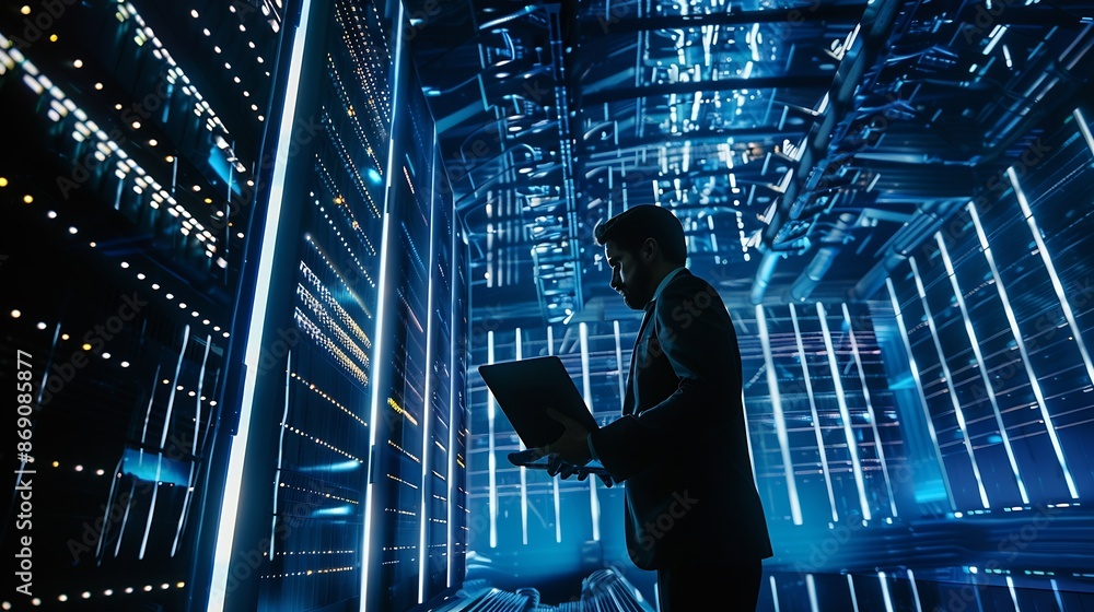 Poster futuristic concept business man with laptop in data center : generative ai