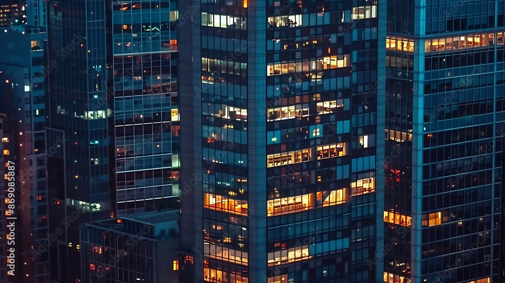 Poster windows in highrise office building in the late evening with glowing and blinking interior lights ti