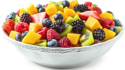 Bowl of mixed fresh fruit salad, isolated on a white background, showcasing a variety of healthy fruits.