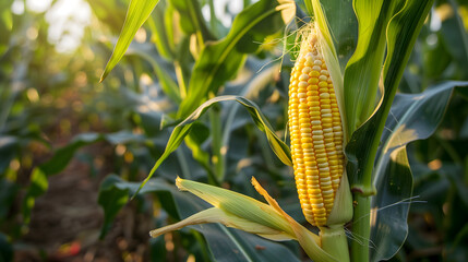 Macro view of corn ears in a thriving maize field, agricultural concept.