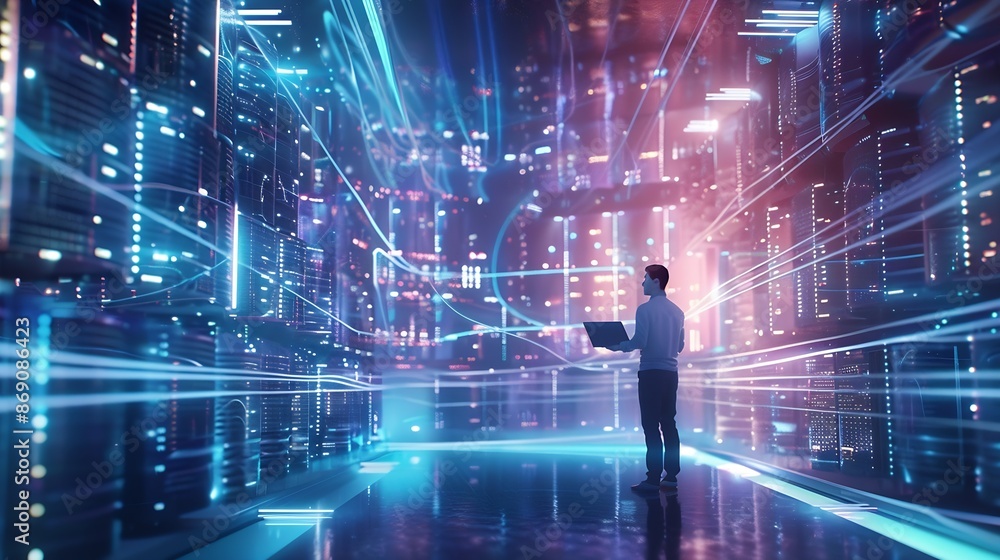 Poster Futuristic 3D Concept Big Data Center Chief Technology Officer Using Laptop Standing In Warehouse Information Digitalization Lines Streaming Through Servers SAAS Cloud Computing Web Se : Generative AI