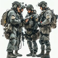 Preparing for the Pest Control Operation: Pilot Briefing Team for Cockroach Extermination Mission on Isolated White Background with Tactical Gear, Copy Space for Text